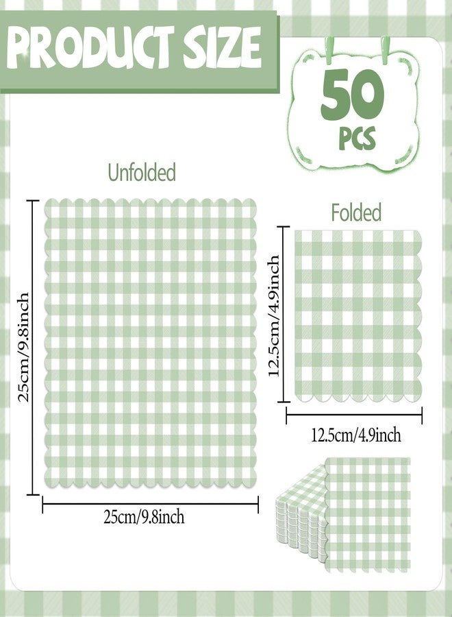 ojustbeok 50Pcs Sage Green Plaid Napkins Green White Paper Napkin Checkered Party Supplies Scalloped Disposable 5 x 5inches Dinner Guest Napkins for Baby Shower Birthday Barbecue Wedding Spring Party Favor - Image 2